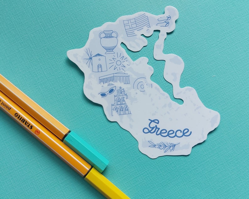 Greece Sticker Waterproof Greece map sticker country outline with icons from Greece including Vase, Temple, bells, olive branch more image 3