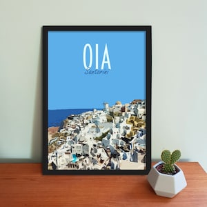 Poster di viaggio Oia Santorini - Stampa artistica retrò in stile vintage della Grecia, opera d'arte, articoli per la casa, cartolina di Oia, stampa artistica di viaggio in Grecia