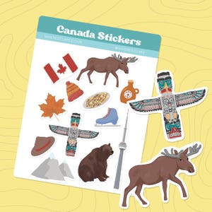 Kanada Sticker Bogen. Reise-Aufkleber für Journals, Scrapbook und Tagebücher. Inklusive kanadische Flagge, Ahornsirup, Elch, Pountine und mehr.