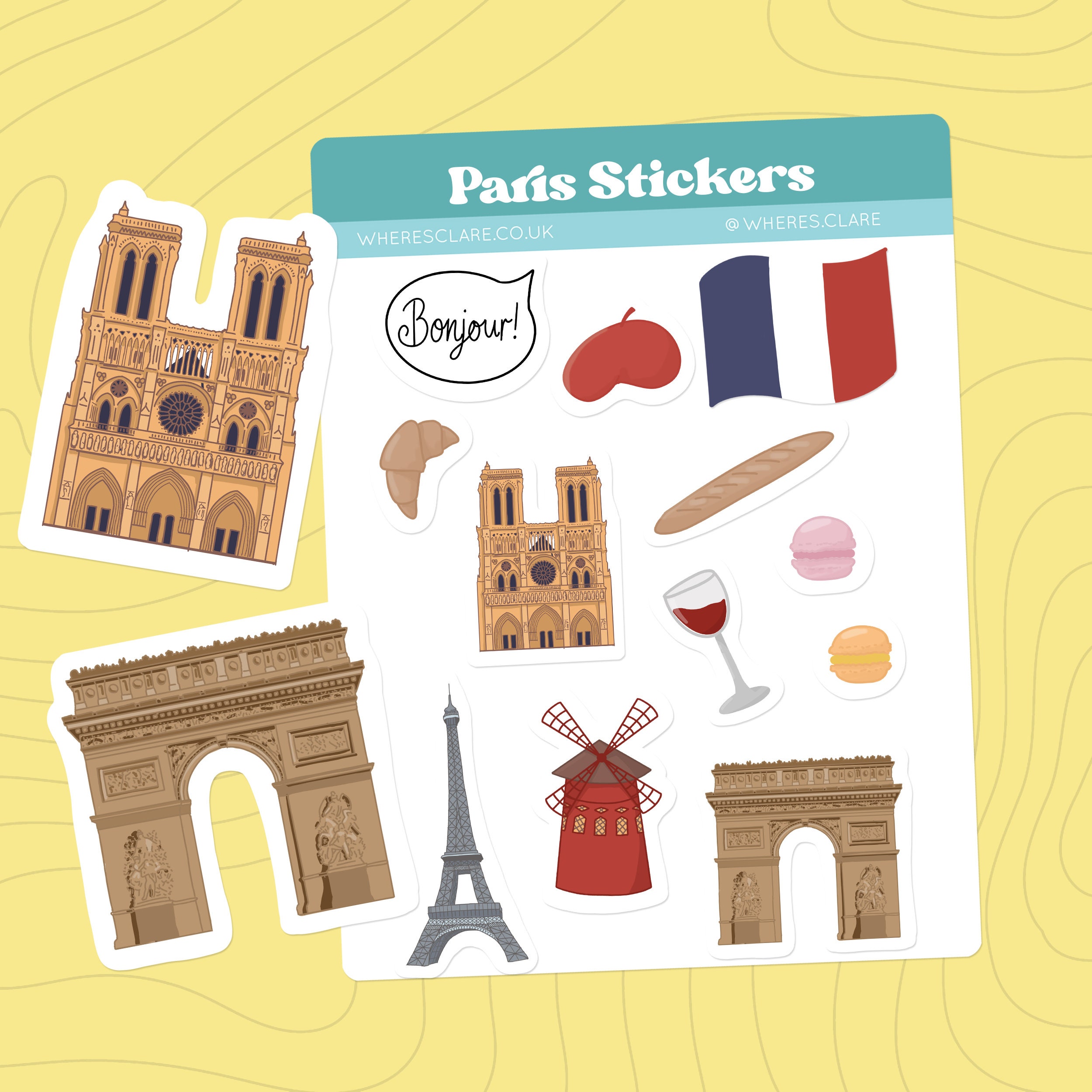 Paris Sticker Sheet, vinyl stickers. Travel stickers for journals, scrapbooking stickers, France sticker sheet, Eiffel Tower, Notre Dame