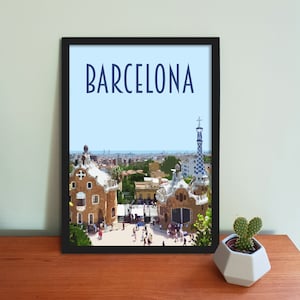 Barcelona Travel Poster - Retro-Stil Reisedruck, Barcelona, Spanien Postkarte, Guadi, Park Güell