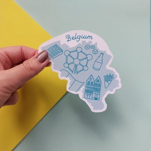Belgium Sticker -  Waterproof Belgium map sticker -  country outline with icons from Belgium including Bruges houses, waffles, beer and more