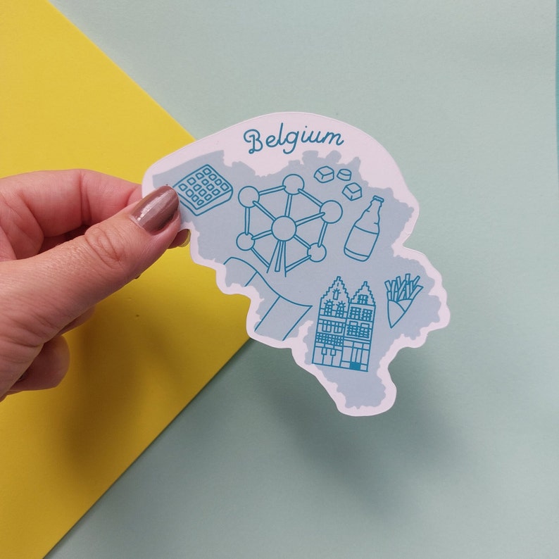 Belgium Sticker Waterproof Belgium map sticker country outline with icons from Belgium including Bruges houses, waffles, beer and more image 1
