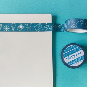 Groenblauwe washitape, 10 meter, blauwgroen washitape, tape met reisthema, afplaktape met patroon, mini-taperol, plakboektape
