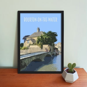 Bourton-on-the-Water Travel Poster Retro vintage style UK art print, artwork, homeware, Cotswolds, England countryside print image 1