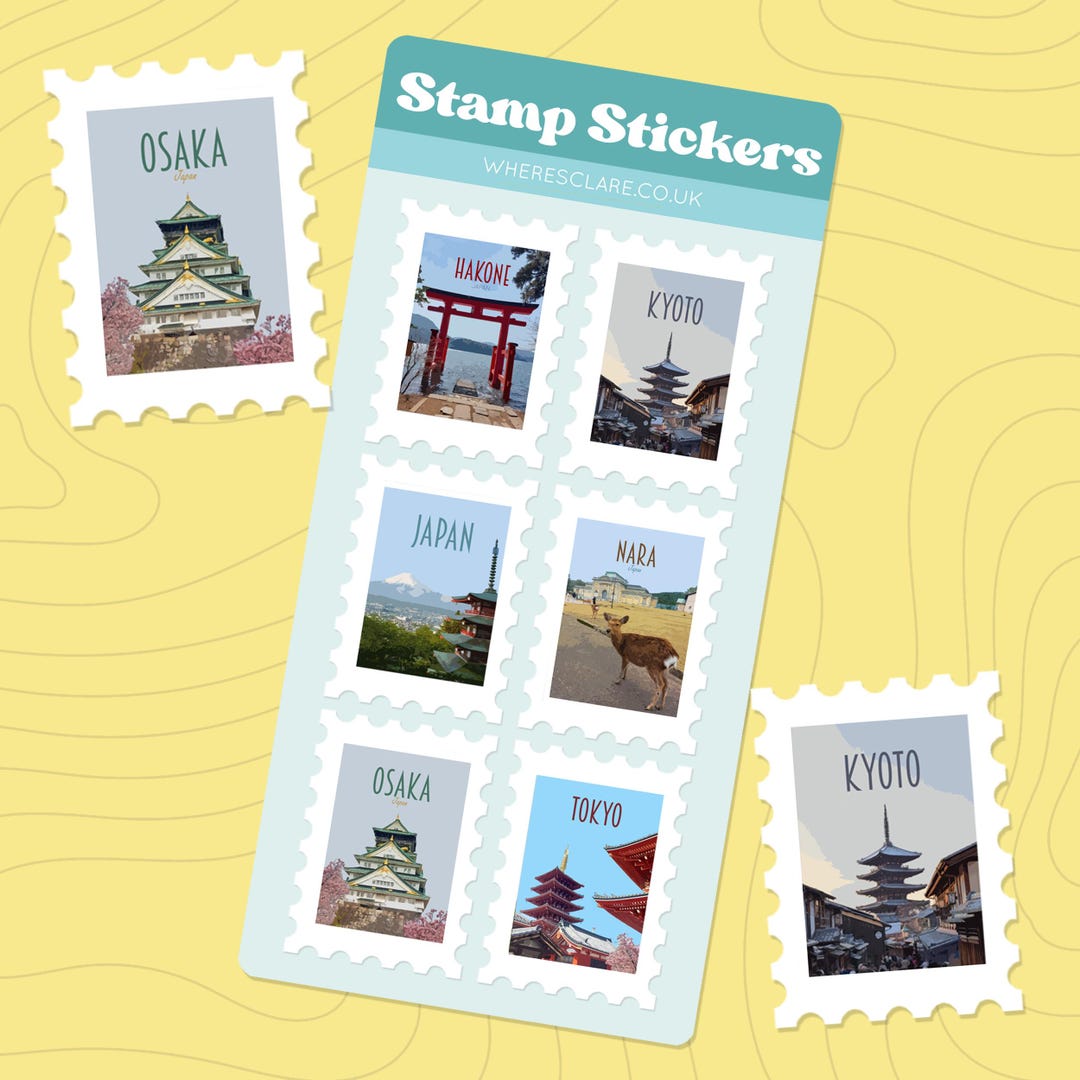 Japan Stamp Sticker Sheet With Stamps of Tokyo, Kyoto, Osaka and More ...