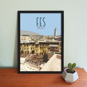 Affiche de voyage de Fès - Impression d'art marocaine de style rétro vintage, oeuvre d'art, articles de maison, carte postale de Fès Maroc, impression d'art de voyage