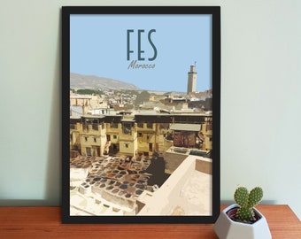 Fes Travel Poster - Retro vintage style Morocco art print, artwork, homeware, Fez Morocco Postcard, travel art print