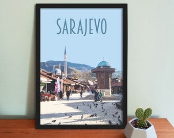 Sarajevo Travel Poster - Retro vintage style Bosnia and Herzegovina art print, artwork, homeware, Sarajevo postcard