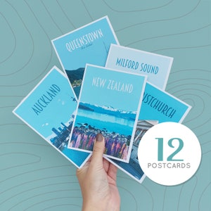 New Zealand Travel Postcards Pack -  12 postcards - Retro vintage style - cities postcard pack. Wellington, Queenstown, Auckland + More