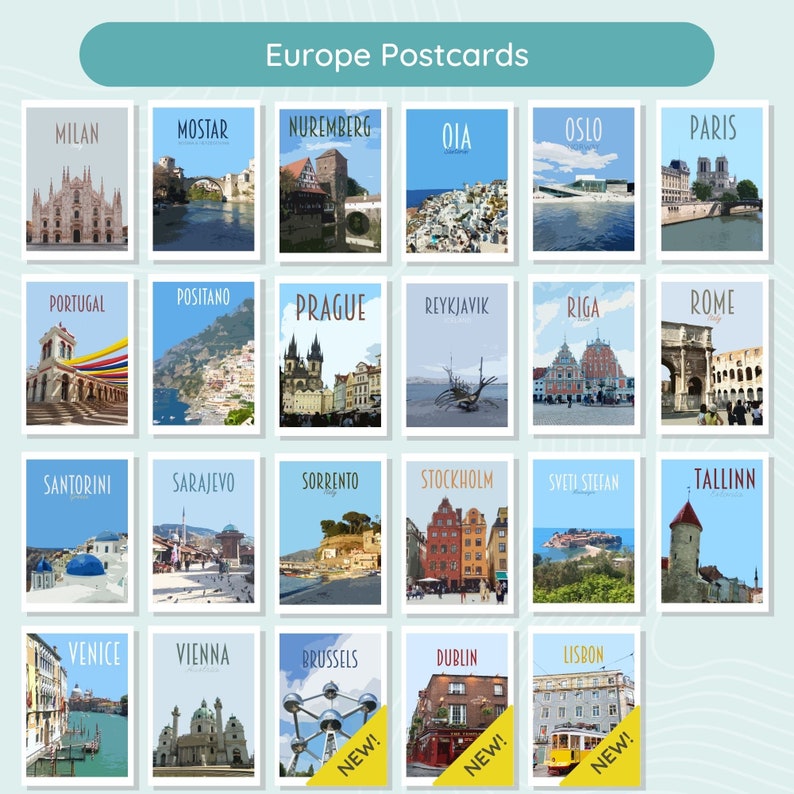 Travel Postcards Pack Retro vintage style cities postcard pack. Athens, Newcastle, Iceland, Edinburgh, Bruges, Malta, Lake Louise More zdjęcie 5