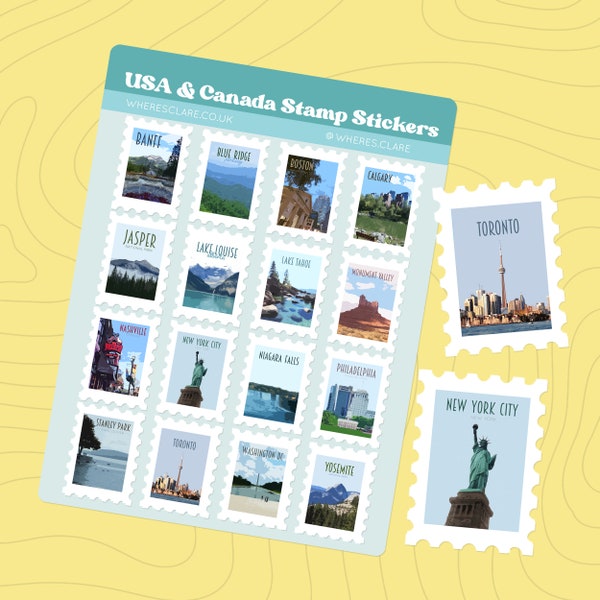 Feuille d'autocollants de timbres des États-Unis et du Canada avec des timbres d'Amérique du Nord, y compris New York, Toronto, Niagara Falls, Yosemite, Washington DC et plus
