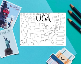 May include: A black and white map of the USA with a title that reads "Map of the USA". The map is surrounded by small flags and location pins. There are also blank banners for writing.