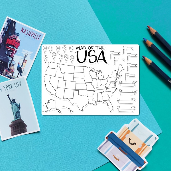 USA Map Outline Sticker -  Colour-in map, travel scrapbook sticker, journal map stickers, paper map stickers, color-in states, america map