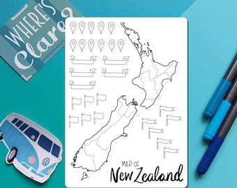 New Zealand Map Outline Sticker -  Colour-in map, travel scrapbook sticker, journal map stickers, paper map stickers, color-in NZ Regions