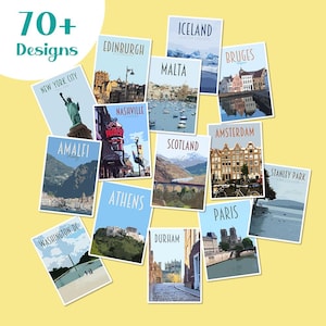 Travel Stickers Pack - Retro vintage style - waterproof stickers. Athens, Newcastle, Iceland, Edinburgh, Bruges, Malta, Lake Louise + More