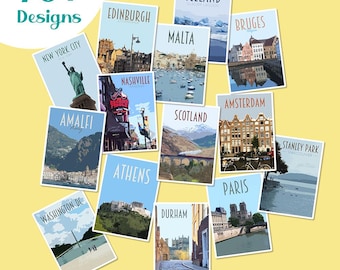 Travel Stickers Pack - Retro vintage style - waterproof stickers. Athens, Newcastle, Iceland, Edinburgh, Bruges, Malta, Lake Louise + More