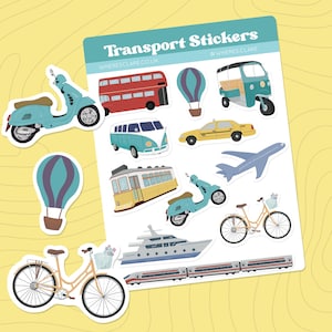 Transport Sticker Sheet, Travel stickers for journals, scrapbooking stickers, Plane, train, boat, bus, taxi, campervan stickers