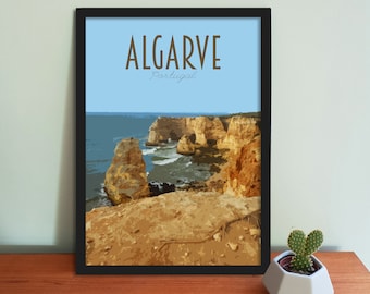 Algarve Travel Poster - Retro vintage style Portugal art print, artwork, homeware, Algarve Portugal Postcard, travel art print