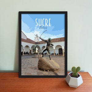 Sucre Travel Poster - Retro vintage style Bolivia art print, artwork, travel decor, Sucre travel art print, South America Poster