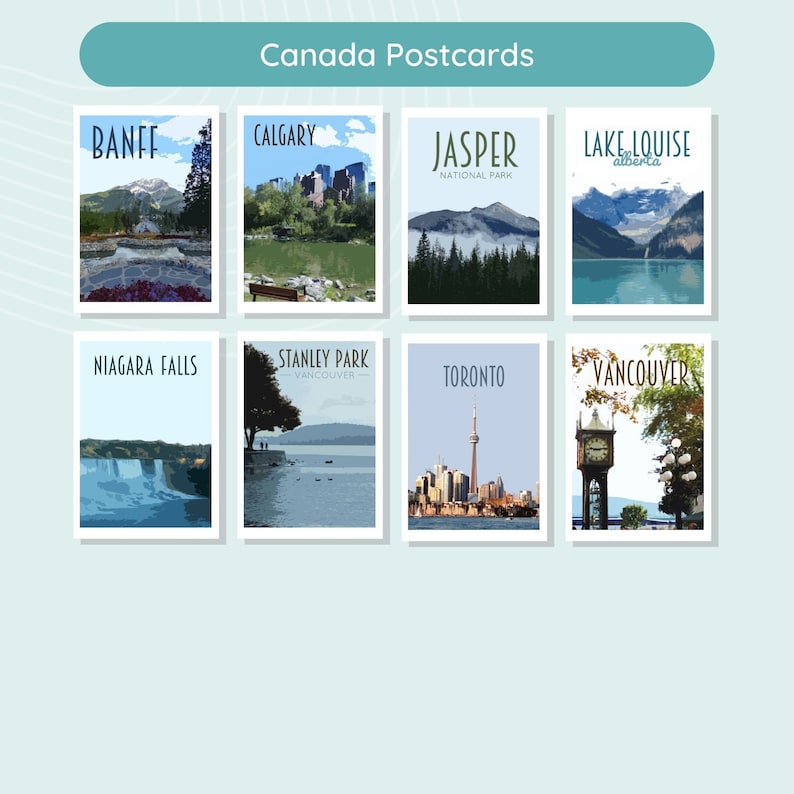 Kanada Reise Postkarten Pack Retro Vintage Stil Städte Postkarten Pack. Vancouver, Jasper, Banff, Niagara Falls, Lake Louise, Toronto. Bild 2