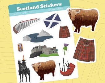 Scotland Sticker Sheet, vinyl stickers. Travel stickers for journals, scrapbooking stickers, Highland cow, Scottish flag,