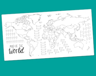 World Map Outline Sticker -  Colour-in map, travel scrapbook sticker, journal map stickers, paper map stickers with flags, pins and ribbons