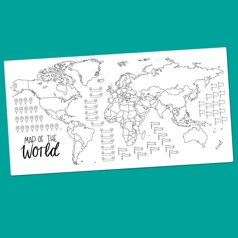 May include: A black and white outline map of the world with flags and pins for marking locations. The text "MAP OF THE WORLD" is written in cursive at the bottom left of the map.