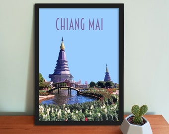 Chiang Mai Travel Poster - Retro vintage style Chaing Mai art print, artwork, homeware, Thailand travel art print