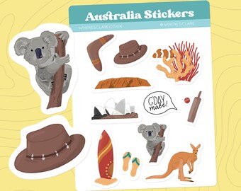 May include: A set of 10 Australian themed stickers featuring a koala, boomerang, hat, coral, opera house, surfboard, thongs, kangaroo, cricket bat and a speech bubble that says "G'day mate!"