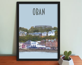 Oban Travel Poster - Retro vintage style Scotland art print, artwork, homeware, postcard featuring McCaig's Tower, Oban, Scotland