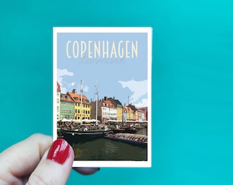 Copenhagen Sticker -  Waterproof Copenhagen travel poster sticker - Retro vintage style - Nyhavn Harbour sticker, Vinyl travel sticker