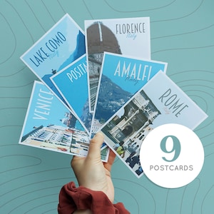 Italy Travel Postcards Pack -  9 postcards - Retro vintage style - cities postcard pack. Rome, Venice, Florence, Como, Amalfi, Milan + More