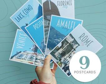 Italy Travel Postcards Pack -  9 postcards - Retro vintage style - cities postcard pack. Rome, Venice, Florence, Como, Amalfi, Milan + More