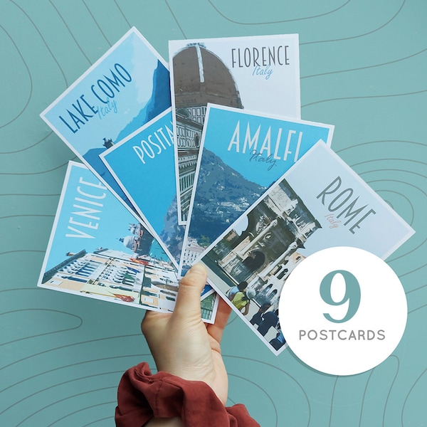 Italy Travel Postcards Pack -  9 postcards - Retro vintage style - cities postcard pack. Rome, Venice, Florence, Como, Amalfi, Milan + More