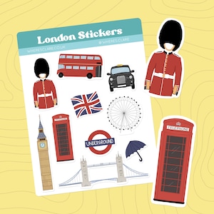 May include: Sheet of London-themed stickers featuring iconic landmarks and symbols. Includes a red double-decker bus, a black taxi, a Union Jack flag, a red telephone booth, Big Ben, and a London Eye illustration. The text "London Stickers" is visible.