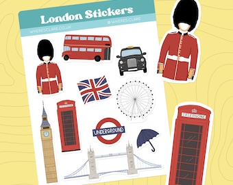 London Sticker Sheet, vinyl stickers. Travel stickers for journals, scrapbooking stickers, England, UK Stickers, Big Ben, Underground