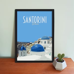 Santorini Travel Poster - Stampa artistica in stile retrò vintage della Grecia, opera d'arte, articoli per la casa, cartolina di Santorini, stampa artistica di viaggio ad Atene