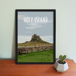 Affiche de voyage Holy Island - Impression d'art Northumberland de style rétro vintage, oeuvre d'art, Lindisfarne Carte postale
