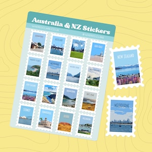 Australia and New Zealand Stamp Sticker Sheet with stamps of Oceania including, Auckland, Sydney, Melbourne, Brisbane, NZ and more