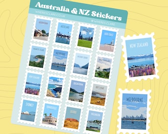 Australia and New Zealand Stamp Sticker Sheet with stamps of Oceania including, Auckland, Sydney, Melbourne, Brisbane, NZ and more