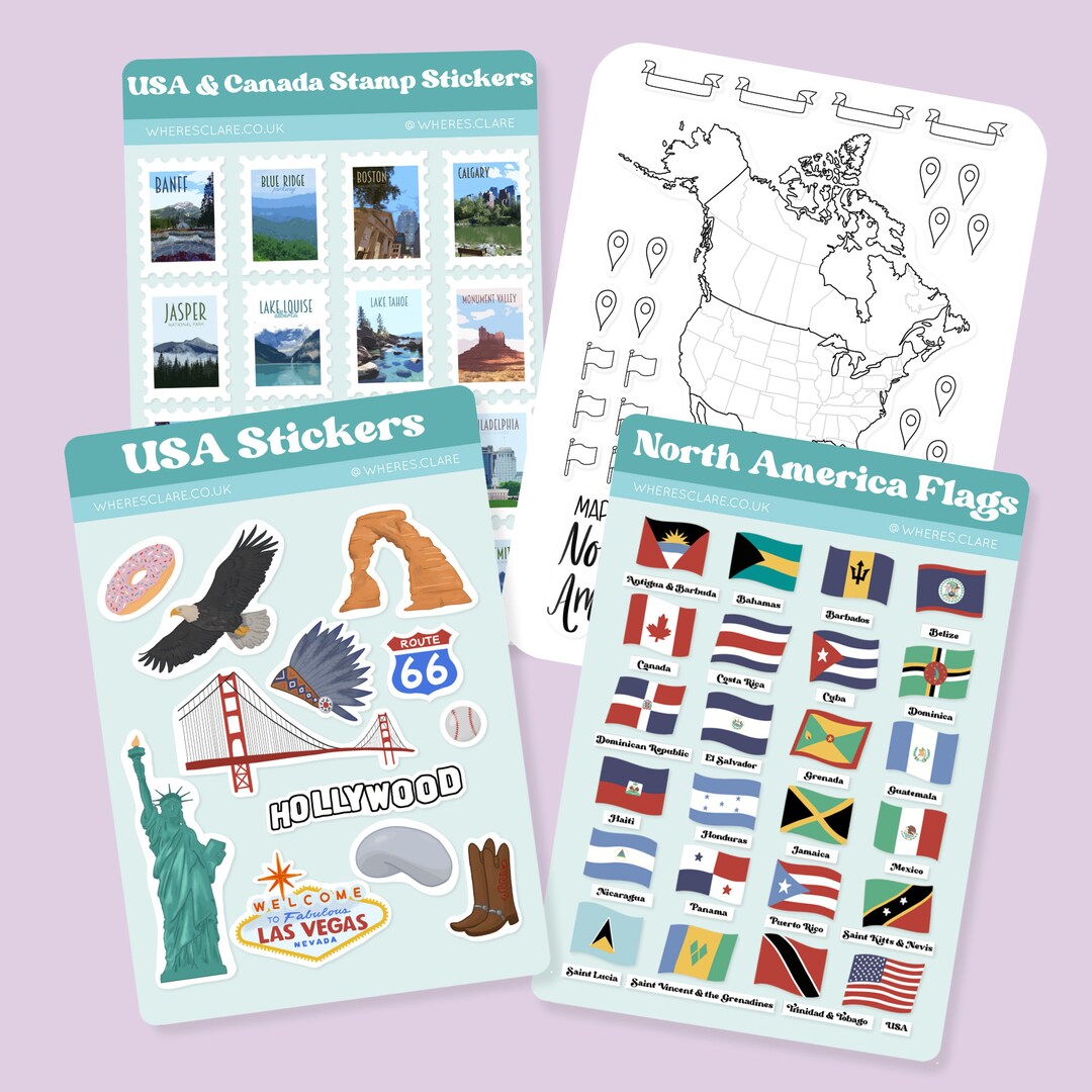 North America Sticker Sheets With Map Sticker, Flag Stickers, Stamps of New York, Toronto ...