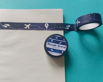 Purple Travel Washi Tape, 10 metres, Purple Washitape, travel themed tape, patterned masking tape, mini tape roll, scrapbook tape, night sky