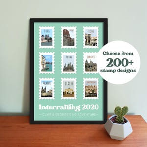 Personalisiertes Reisestempel-Poster. Personalisierte Briefmarke mit 9 verschiedenen Reisezielen.