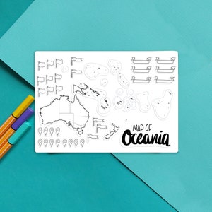 Oceania Map Outline Sticker -  Colour-in map, travel scrapbook sticker, journal map stickers, paper map, color-in Australia, New Zealand
