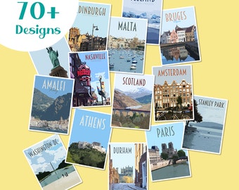 Travel Stickers Pack - Retro vintage style - waterproof stickers. Athens, Newcastle, Iceland, Edinburgh, Bruges, Malta, Lake Louise + More