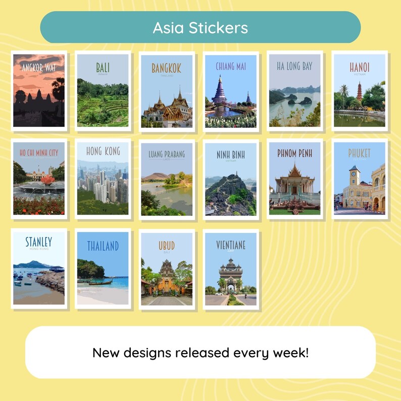 Reisstickerspakket Retro vintage stijl waterdichte stickers. Athene, Newcastle, IJsland, Edinburgh, Brugge, Malta, Lake Louise meer afbeelding 8