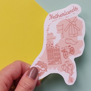 Netherlands Sticker -  Waterproof Holland map sticker -  country outline with icons from the Netherlands including Amsterdam houses and moe