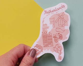 Netherlands Sticker -  Waterproof Holland map sticker -  country outline with icons from the Netherlands including Amsterdam houses and moe