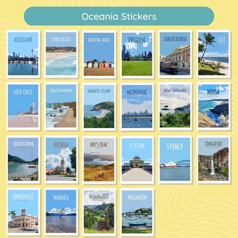 Reisstickerspakket Retro vintage stijl waterdichte stickers. Athene, Newcastle, IJsland, Edinburgh, Brugge, Malta, Lake Louise meer afbeelding 7